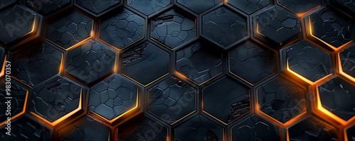 Dark hexagonal tiles with glowing edges, creating a mysterious and modern abstract background.