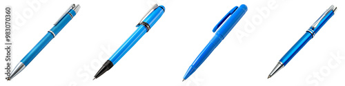 Collection of blue pens with caps isolated on transparent or white background photo