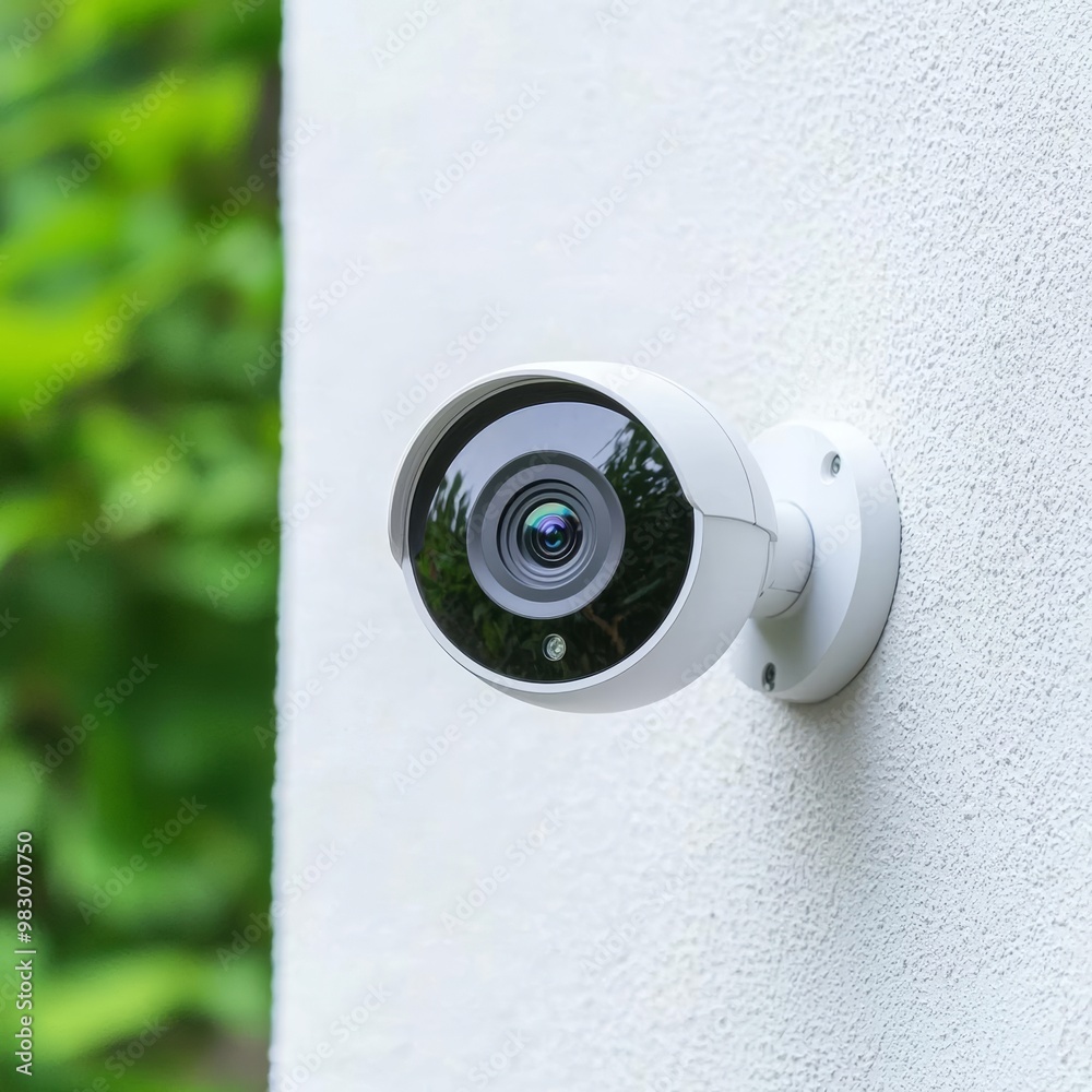 Outdoor security camera mounted on a white wall, providing surveillance and safety, with a green foliage background. Outdoor security camera mounted on a white wall, providing surveillance and safety, with a green foliage background.