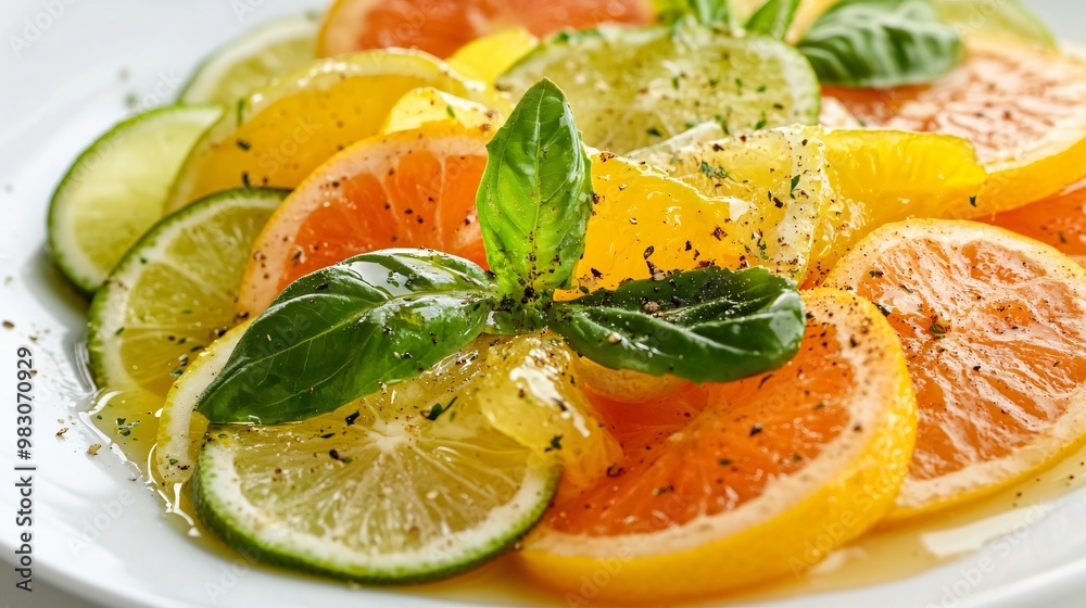 Citrus salad with lemon and lime segments, drizzled with honey, isolated on a clean white plate Citrus salad with lemon and lime segments, drizzled with honey, isolated on a clean white plate