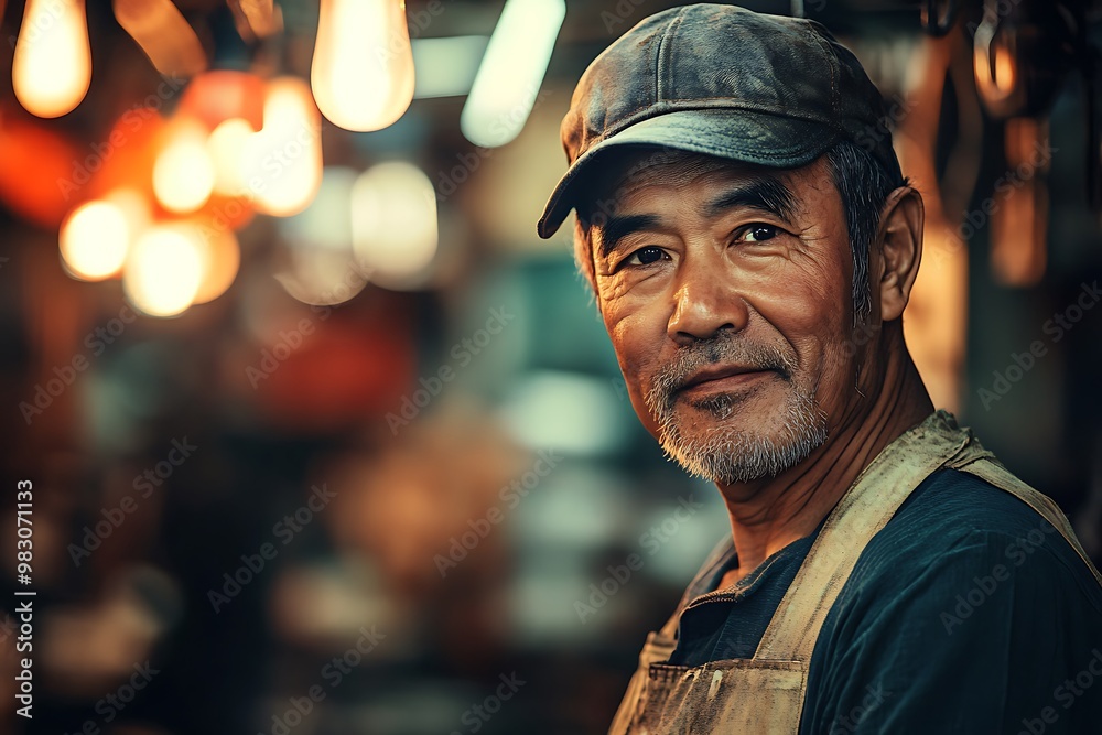 Senior asian worker posing in a workshop Senior asian worker posing in a workshop