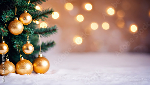 Seasonal Advertising, Close-up of snow-covered Christmas tree with golden ornaments and blurred festive lights in the background, winter, holidays, decorations, bokeh, Christmas spirit, celebration.