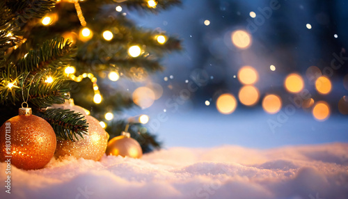 Seasonal Advertising, Close-up of snow-covered Christmas tree with golden ornaments and blurred festive lights in the background, winter, holidays, decorations, bokeh, Christmas spirit, celebration.