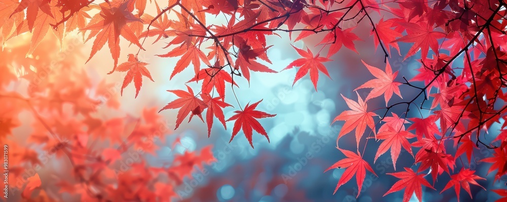 An artistic shot of red maple leaves gently swaying on branches, symbolizing autumn. Free copy space for text. An artistic shot of red maple leaves gently swaying on branches, symbolizing autumn. Free copy space for text.