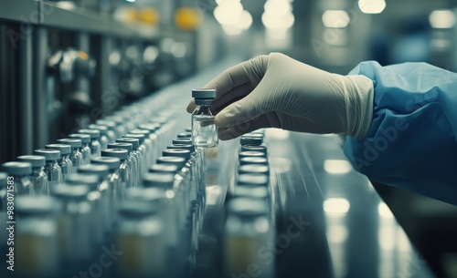 Hand in protective gloves taking a vial from the production line with many bottles at a medical factory