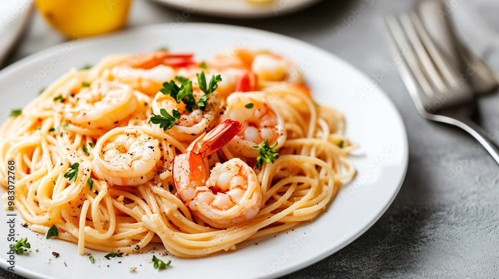 Lemon garlic shrimp pasta, isolated on a white porcelain plate Lemon garlic shrimp pasta, isolated on a white porcelain plate