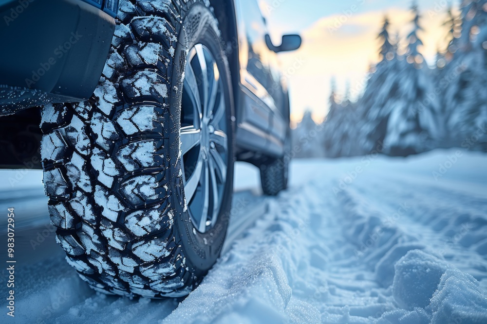 Fresh winter tire close-up on car against snowy road Fresh winter tire close-up on car against snowy road