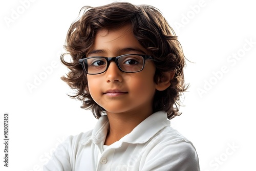 Thoughtful Indian Child Scientist in Studio Lighting on White Background