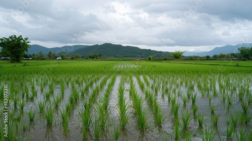 A field of rice plants is flooded with water. The sky is cloudy and the sun is not visible