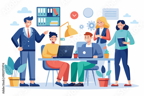 group of people working together, work talk and discussion vector set illustration