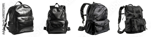 Collection of backpacks black isolated on transparent or white background 