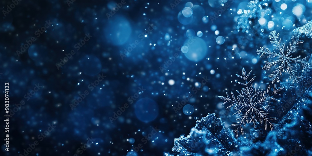 Macro shot of delicate snowflakes with a sparkling blue bokeh background, creating a magical winter atmosphere Macro shot of delicate snowflakes with a sparkling blue bokeh background, creating a magical winter atmosphere