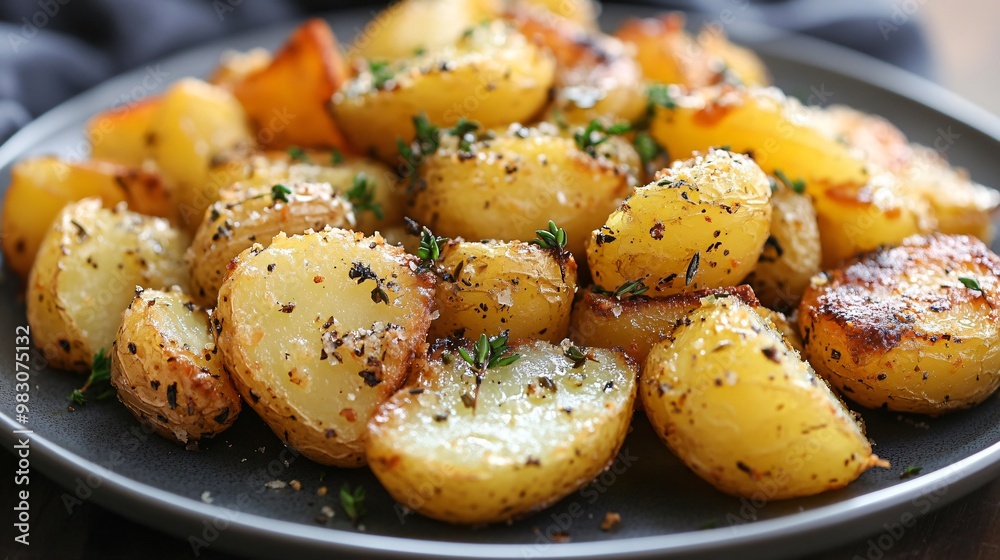 Lemon thyme roast potatoes, crispy and golden, isolated on a simple gray plate Lemon thyme roast potatoes, crispy and golden, isolated on a simple gray plate