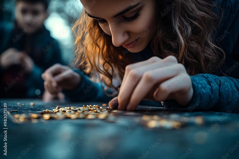 Fototapeta premium Woman arranging thumbtacks on table with boy in background