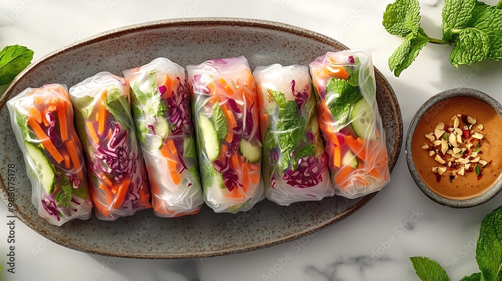 vegetarian and vegan dishes, Fresh spring rolls filled with colorful vegetables and served with a rich peanut sauce, perfect for healthy snacking or appetizers. vegetarian and vegan dishes, Fresh spring rolls filled with colorful vegetables and served with a rich peanut sauce, perfect for healthy snacking or appetizers.