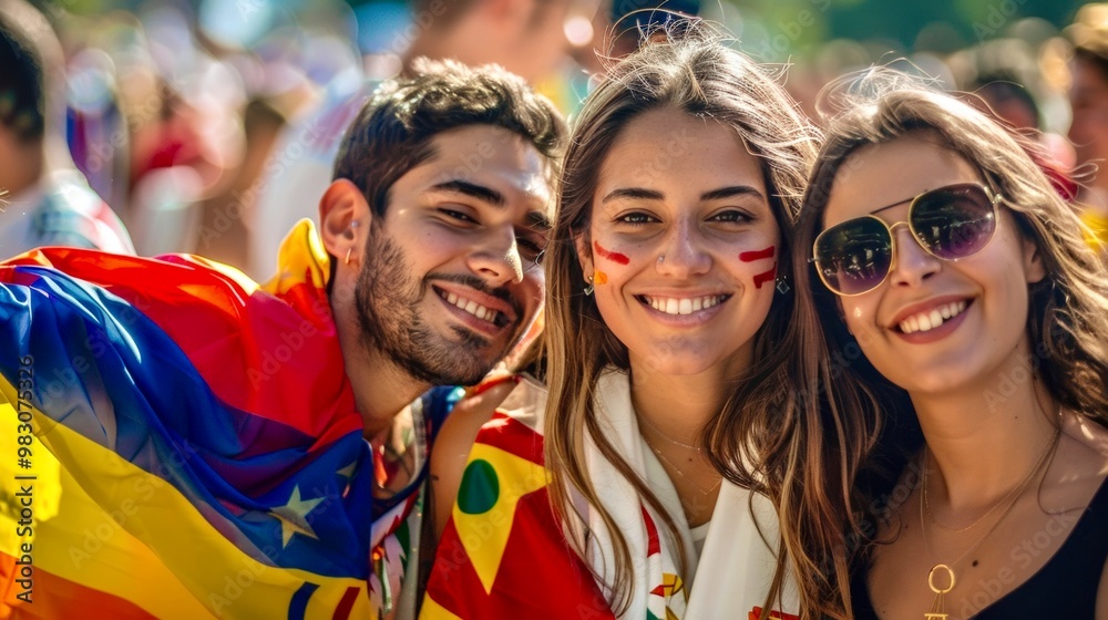 Friends celebrate together during an outdoor festival, showcasing vibrant flags and painted faces in a lively atmosphere under the sun Friends celebrate together during an outdoor festival, showcasing vibrant flags and painted faces in a lively atmosphere under the sun