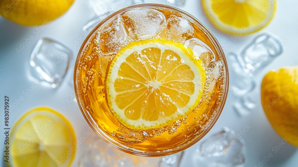 Lemon-infused iced tea with slices of lemon floating, isolated on a clear glass surface Lemon-infused iced tea with slices of lemon floating, isolated on a clear glass surface