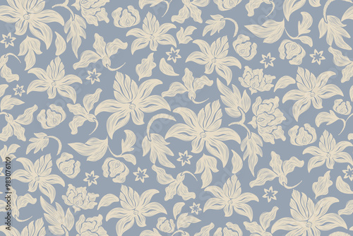 Vintage floral ethnic tapestry modern embroidery Ikat texture bohemian design vector illustration hand drawn silhouette indigo blue flower motif branches leaves wallpaper seamless background border.