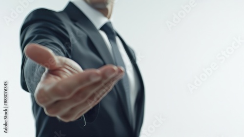 A businessman in a suit extends his hand for a handshake against a simple white background