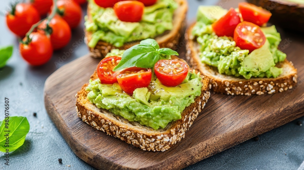 Delicious avocado toast topped with cherry tomatoes and fresh basil, perfect for a healthy breakfast or snack. Delicious avocado toast topped with cherry tomatoes and fresh basil, perfect for a healthy breakfast or snack.