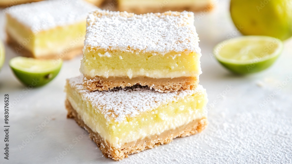 Lime pie bars topped with powdered sugar, stacked on a clean white surface Lime pie bars topped with powdered sugar, stacked on a clean white surface