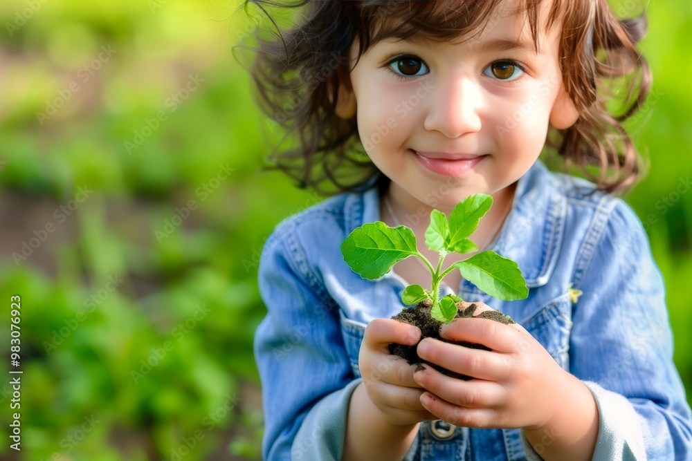 A young child holding a small green plant in a sunny garden during springtime, showcasing a moment of nurturing and joy A young child holding a small green plant in a sunny garden during springtime, showcasing a moment of nurturing and joy