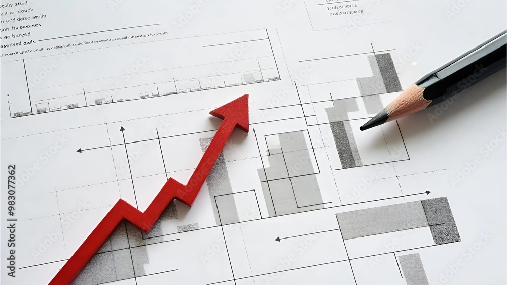 Red arrow pointing upward on graph paper, symbolizing goal achievement and success in progress, Generative AI. Red arrow pointing upward on graph paper, symbolizing goal achievement and success in progress, Generative AI.