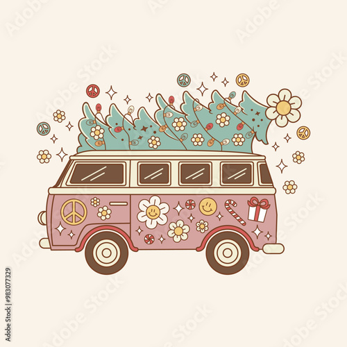 cute Christmas illustration retro style of hippie holiday van
