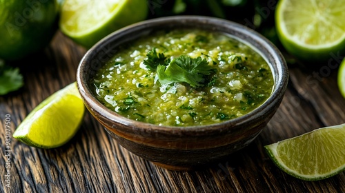 Lime-infused salsa verde in a small bowl, surrounded by lime wedges, isolated on a dark wooden surface