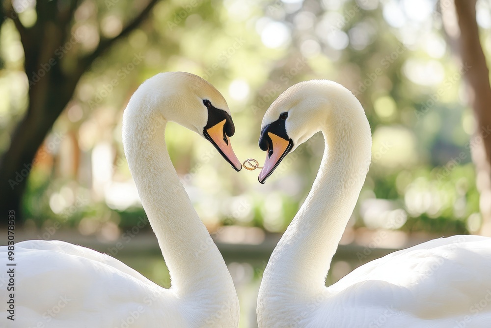 Fototapeta premium Two Swans Forming Heart Shape With Wedding Ring