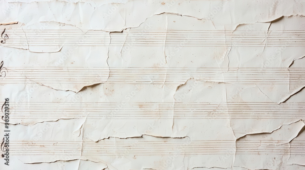 Obraz premium Old, crumpled sheet music with torn edges and visible creases, faded notes and paper stains, old paper texture, antique music sheet