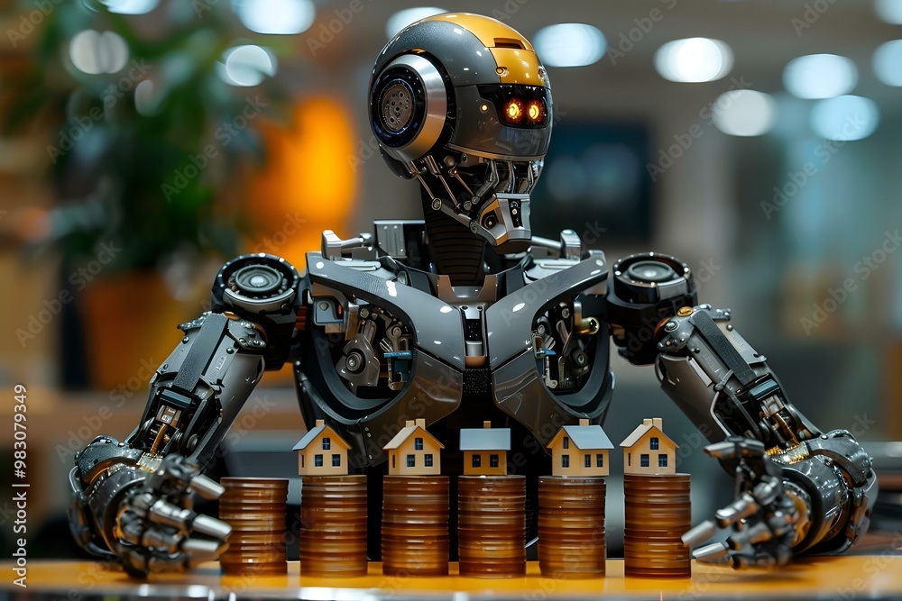 Fototapeta premium Midsection of humanoid robot protecting house models on stacked coins at table.
