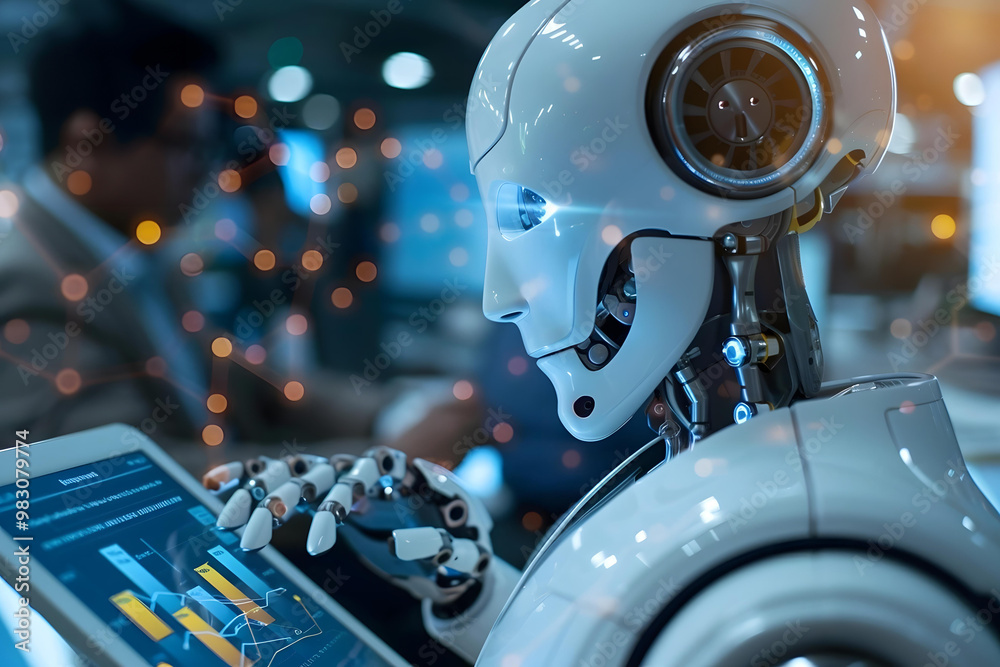 Close-up Of A Humanoid Robot Analyzing Graph On Digital Tablet, accountant, ai, artificial, tablet, intelligence, code, executive, tech, machine, report, technology, future, mobile, 4, 0 Close-up Of A Humanoid Robot Analyzing Graph On Digital Tablet, accountant, ai, artificial, tablet, intelligence, code, executive, tech, machine, report, technology, future, mobile, 4, 0