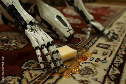 Close-up Of Humanoid Robot's Hand Cleaning Stain On Carpet With Sponge photo