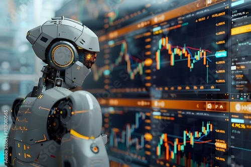 Over the shoulder view of a humanoid robot's computer screens trading in a bull market showing ascending graphs.