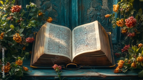 A beautifully presented open book filled with prayers lies among colorful flowers