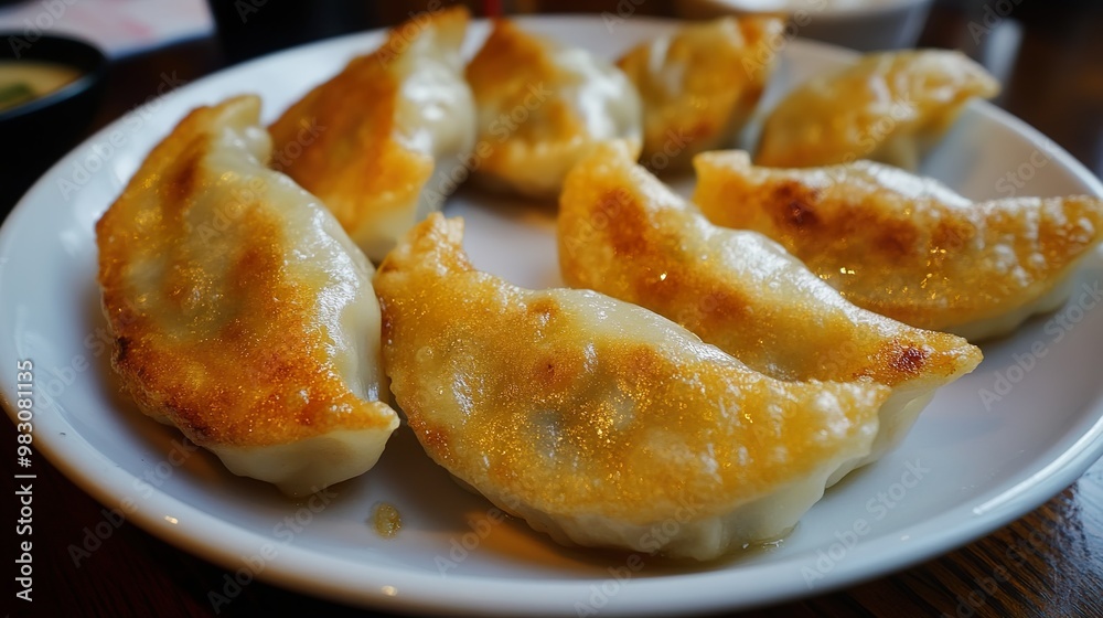 A plate of dumplings with a yellow sauce A plate of dumplings with a yellow sauce