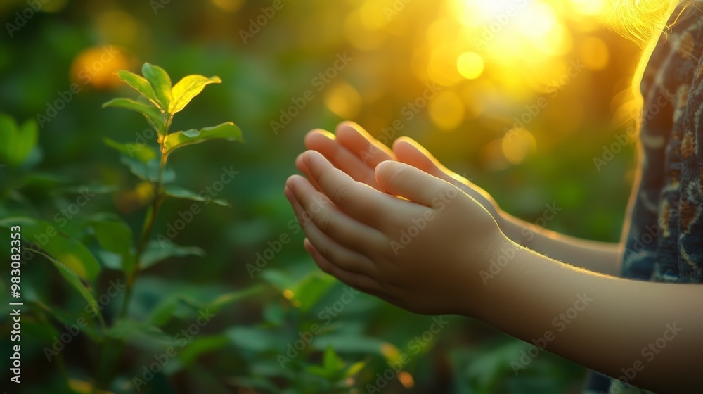A child prays with clasped hands, surrounded by vibrant plants and gentle sunlight A child prays with clasped hands, surrounded by vibrant plants and gentle sunlight
