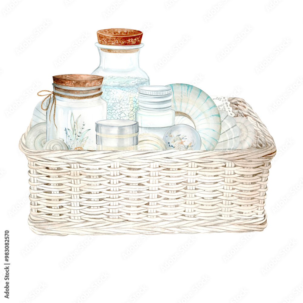 Dead Sea Cosmetics Set. Shells, Oil, cream and bath salt in a wicker basket. Watercolor Clip Art on a white background. The illustration is hand drawn in pastel colors. Suitable for card designs Dead Sea Cosmetics Set. Shells, Oil, cream and bath salt in a wicker basket. Watercolor Clip Art on a white background. The illustration is hand drawn in pastel colors. Suitable for card designs