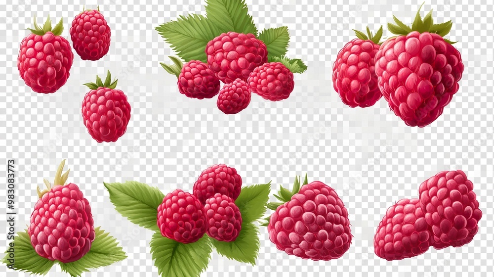 A collection of red raspberries with green leaves A collection of red raspberries with green leaves