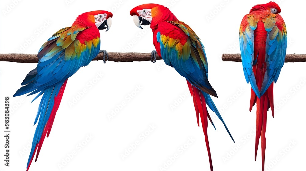 Obraz premium Three colorful parrots are perched on a branch