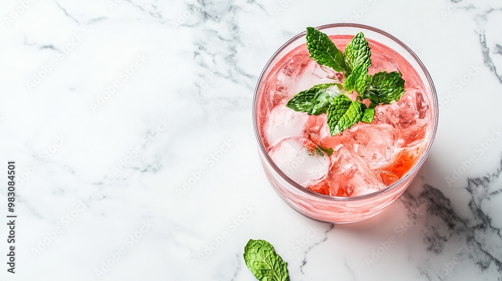 A glass of pink drink with a green leaf on top A glass of pink drink with a green leaf on top
