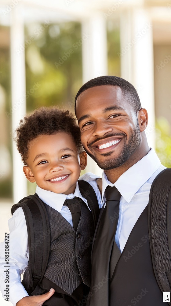 A joyful Black father and son, dressed in school uniforms, smile at the camera in a park, enjoying their quality time together with backpacks ready for the day
