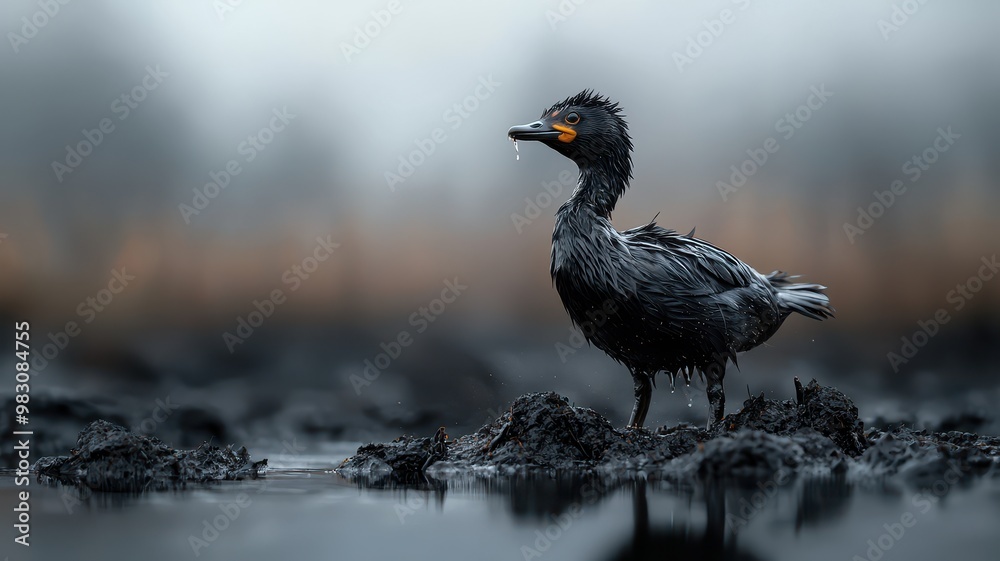 A striking black bird standing in a misty wetland, showcasing its unique features and serene environment. A striking black bird standing in a misty wetland, showcasing its unique features and serene environment.