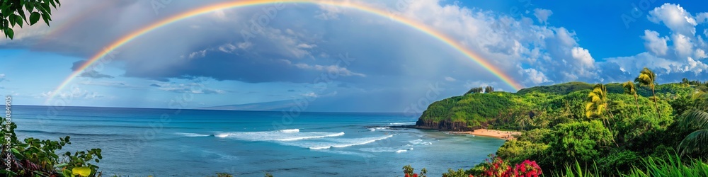 A rainbow is seen over the ocean and the beach. The sky is cloudy and the water is calm A rainbow is seen over the ocean and the beach. The sky is cloudy and the water is calm
