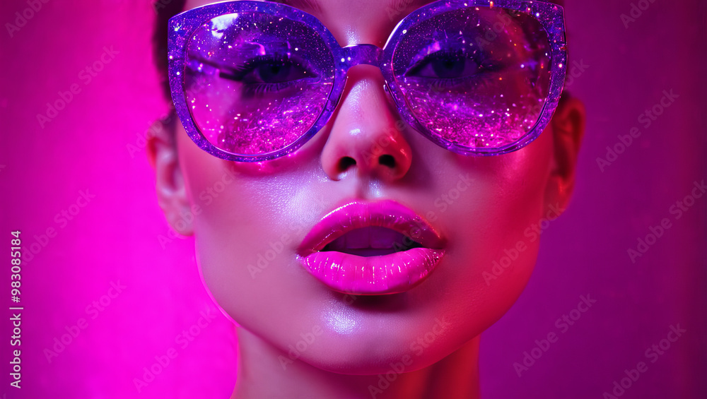 Close-up view of a beauty supermodel woman face, bathed in neon pink and purple light with glittering particles on her skin, sunglasses with glitter textures patterns, fashion magazine style Close-up view of a beauty supermodel woman face, bathed in neon pink and purple light with glittering particles on her skin, sunglasses with glitter textures patterns, fashion magazine style