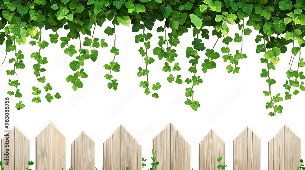 A fence with wooden slats and green vines growing over it A fence with wooden slats and green vines growing over it