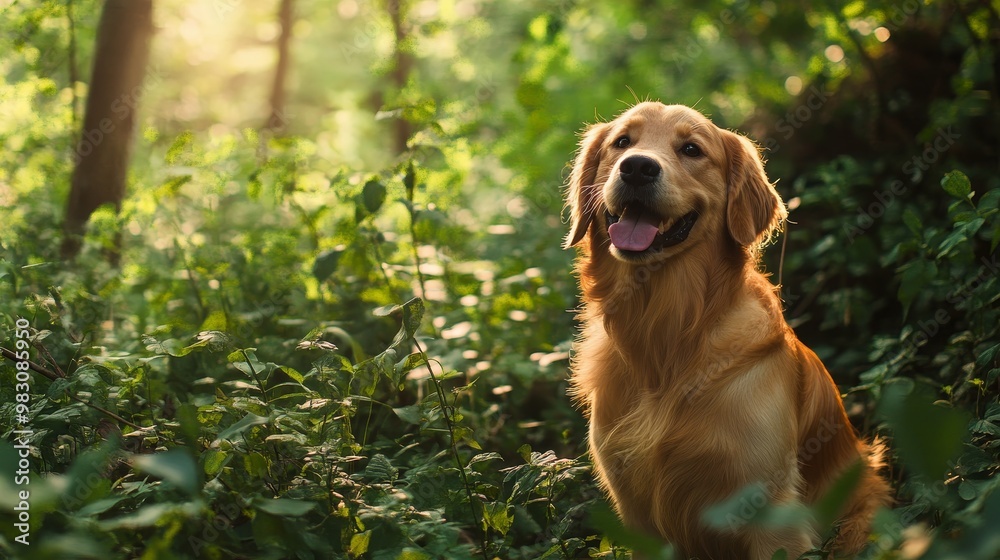 An adorable Golden Retriever frolics amidst the verdant embrace of the forest. An adorable Golden Retriever frolics amidst the verdant embrace of the forest.