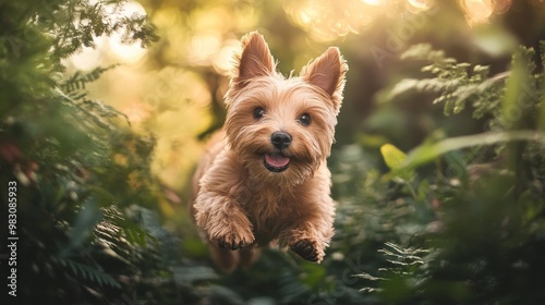 An adorable Norfolk Terrier frolics through a lush forest, its playful spirit captured in a captivating portrait. photo