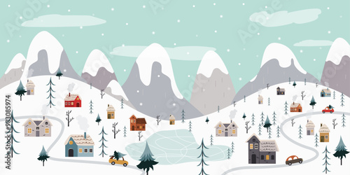 Flat vector banner winter landscape, Christmas and New Year celebration in the village. Vector horizontal banner winter wonderland in the countryside